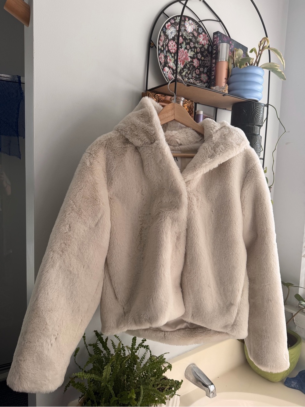 Zara Cream Faux Fur-Lined Hooded Jacket